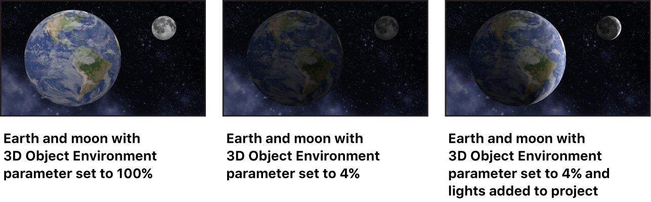 Images showing the effect of the 3D Object Environment settings on 3D objects