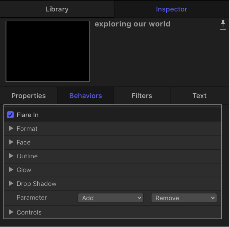 Inspector showing settings for Flare In behavior