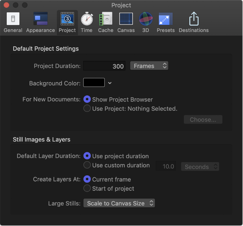 Motion Preferences window showing Project pane