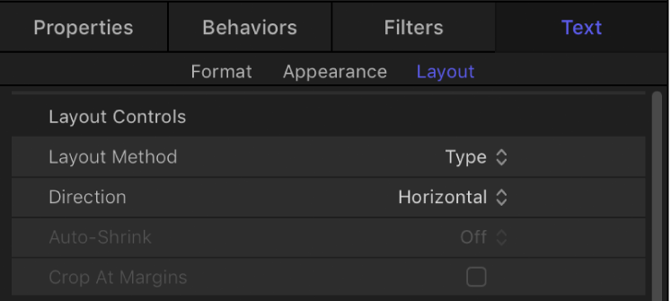 Layout Controls in the Layout pane of the Text Inspector
