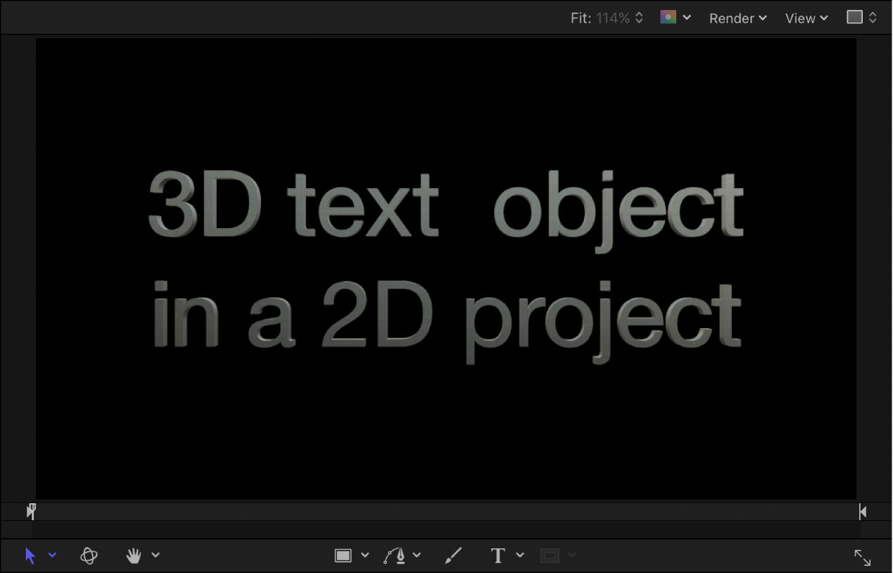 Lienzo con un ejemplo de texto 3D en un proyecto 2D