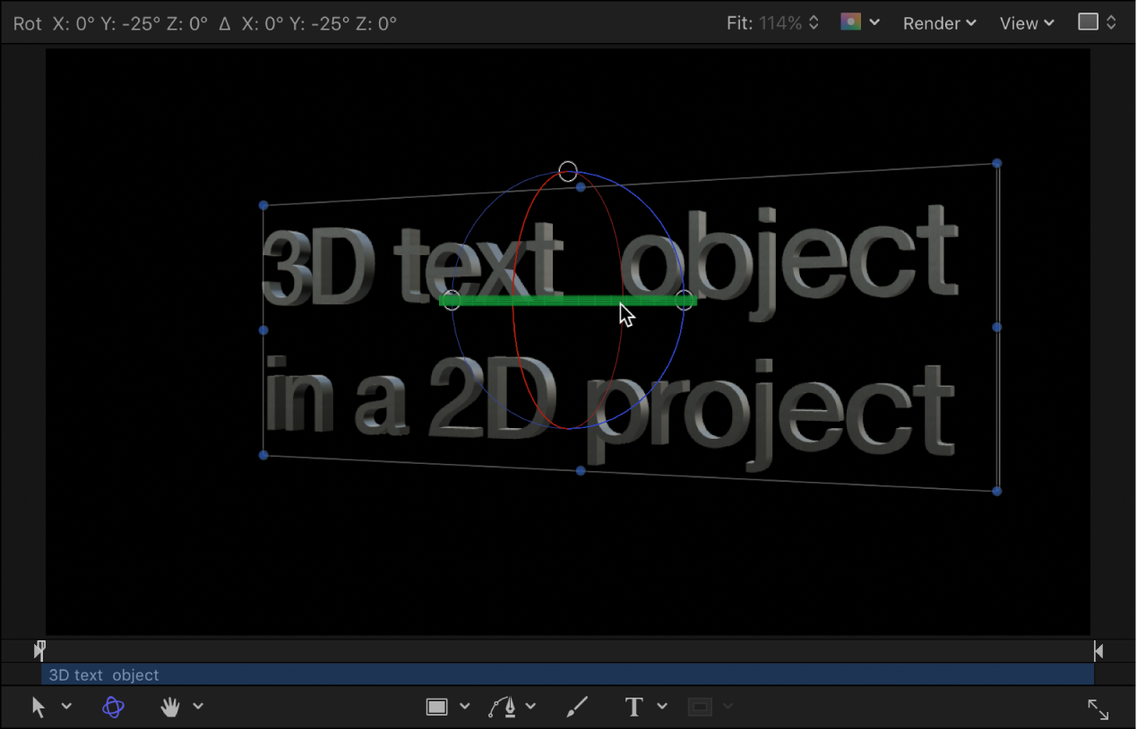 Lienzo con un ejemplo de texto 3D girado en un proyecto 3D