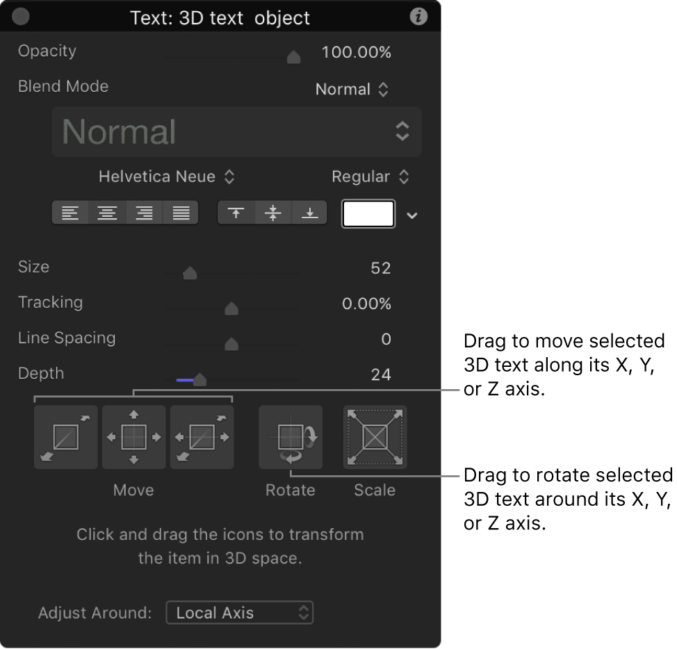 Pantalla semitransparente que muestra texto 3D con la herramienta de ajuste 3D seleccionada