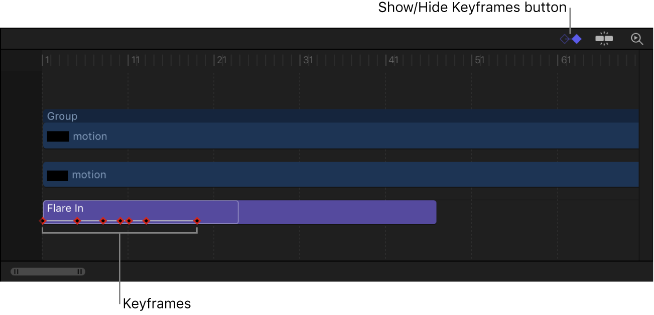 Línea de tiempo con el botón “Mostrar/ocultar fotogramas clave” y fotogramas clave visibles en un comportamiento de texto secuencial