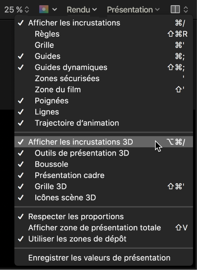 Sélection de l’option « Afficher les incrustations 3D » dans le menu Présentation du canevas