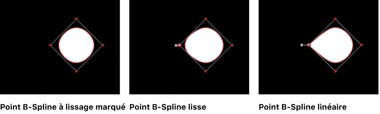 Canevas affichant des points B-Spline réglés sur Lissage fort, Lissage et Linéaire