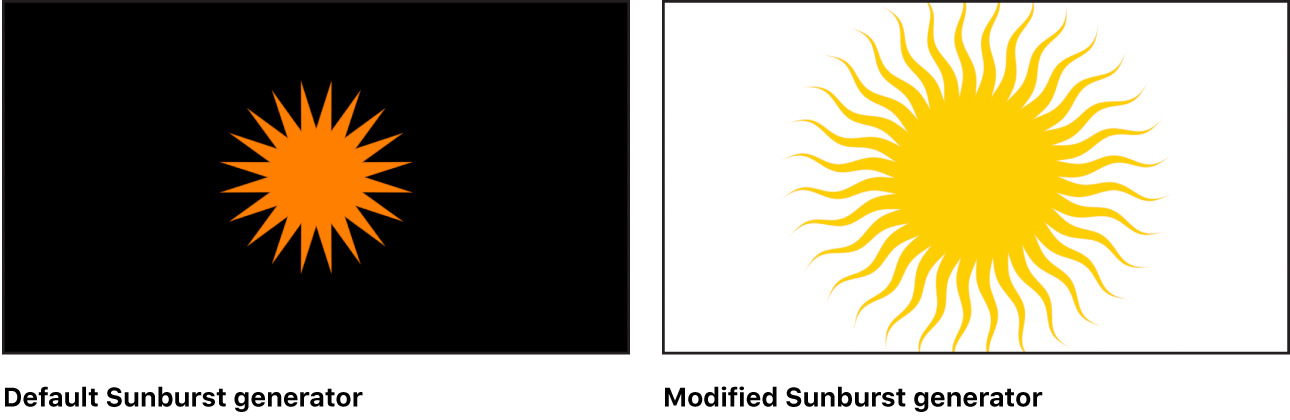 キャンバスに、さまざまな設定の「Sunburst」ジェネレータが表示されています