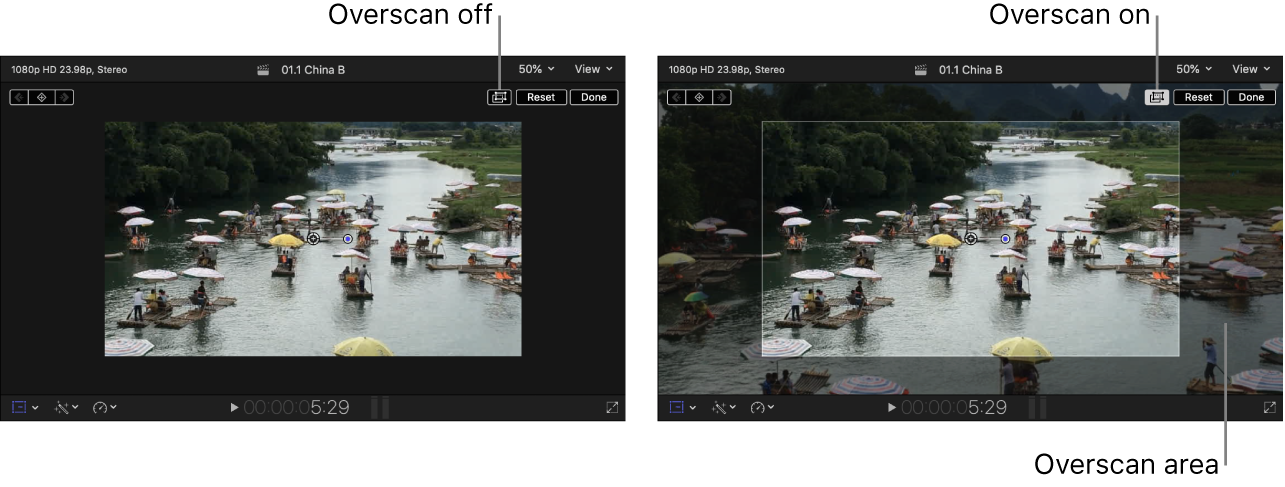 Rechts befindet sich der Viewer mit aktivierter Option „Overscan“, in dem Teile des Bilds angezeigt werden, die sich außerhalb des Viewers befinden. Links ist der Viewer mit deaktivierter Option „Overscan“ zu sehen.
