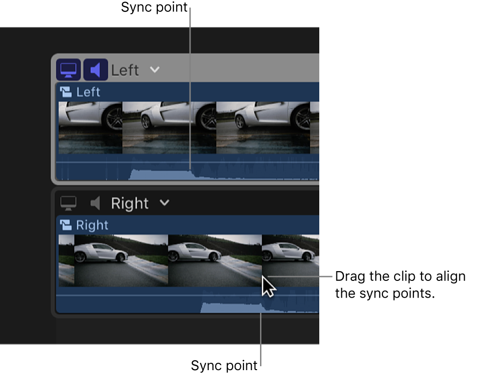 Zwei Clips im Kamera-Editor. Einer wird bewegt, damit die Synchronisierungspunkte ausgerichtet sind.