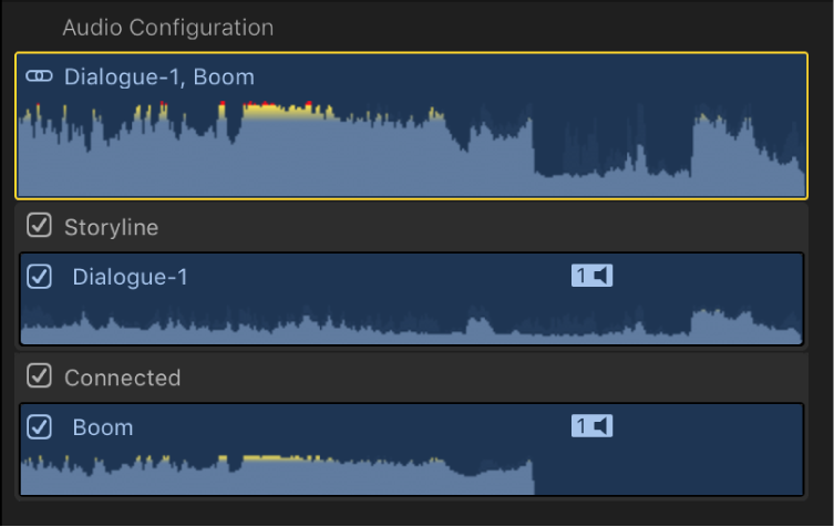 Der Abschnitt „Audiokonfiguration“ im Informationsfenster „Audio“ zeigt zwei Rollenkomponenten, die den Inhalt des synchronisierten Clips darstellen
