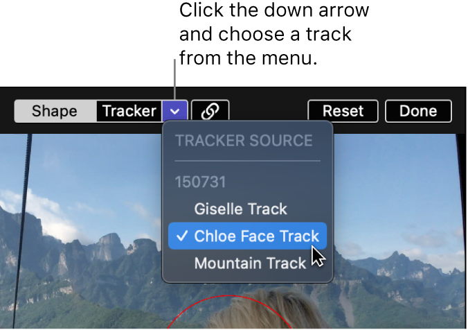 Das Einblendmenü „Trackerquelle“ oben im Viewer