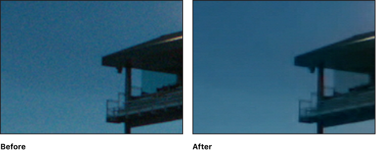 Detail eines Videobilds vor und nach dem Anwenden des Effekts „Rauschunterdrückung“
