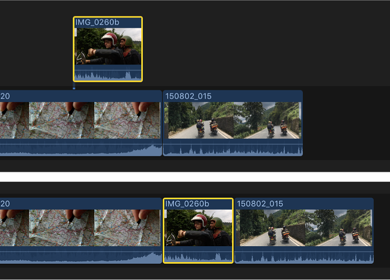 A connected clip in the timeline being inserted between clips in the primary storyline, causing clips after it in the primary storyline to ripple right
