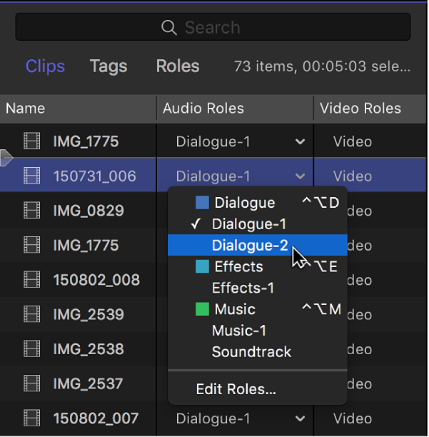The Audio Roles column in the Clips pane of the timeline index, showing a menu listing the available subroles