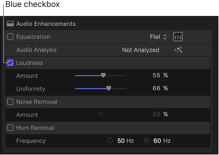 The Audio inspector showing the checkbox for turning an enhancement on or off