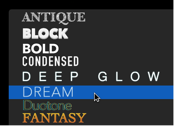 2D text styles in the pop-up menu at the top of the Text inspector with the Dream text style preset selected