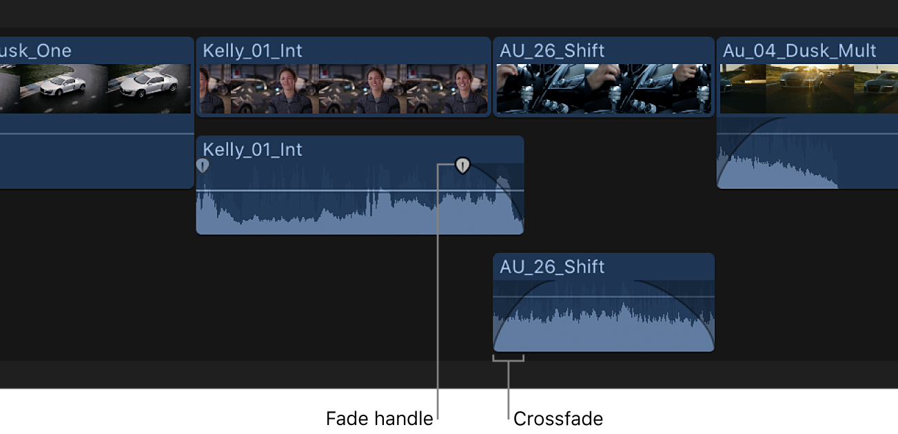 Overlapping audio portions of clips in the timeline shown with fades applied to create a crossfade