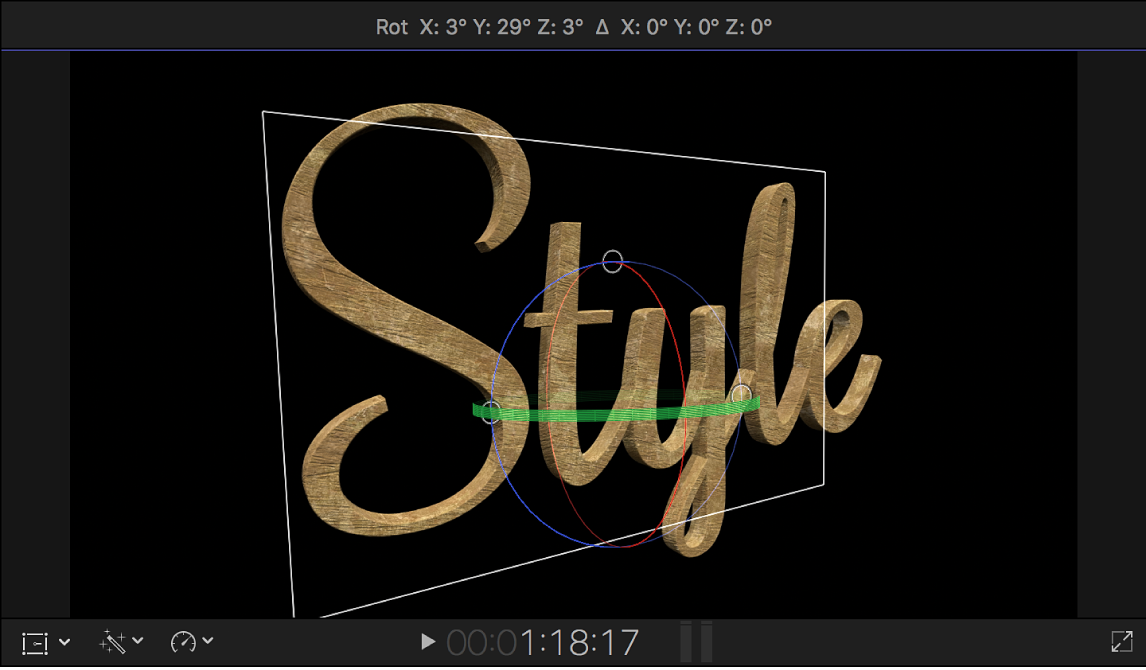 A 3D title in the viewer, rotated in 3D space to show a side view