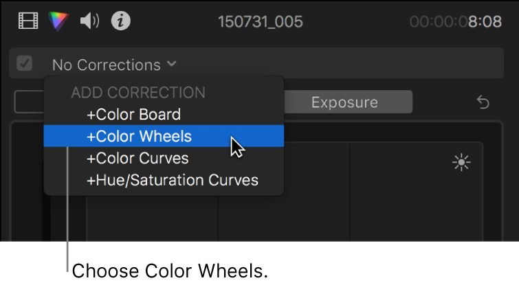 Color Wheels being chosen from the Add Correction section of the pop-up menu at the top of the Color inspector