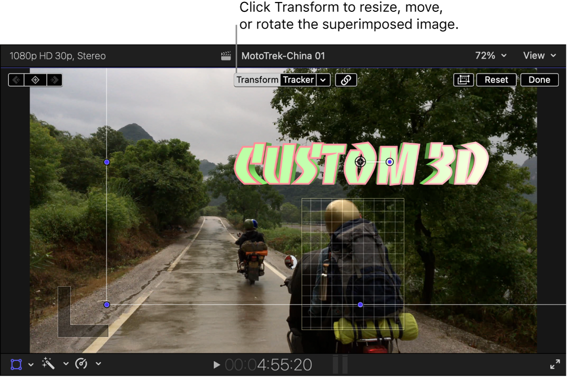 Transform is selected at the top of the viewer. An onscreen tracker appears over an object in the video, and a title with Transform onscreen controls appears above the object.