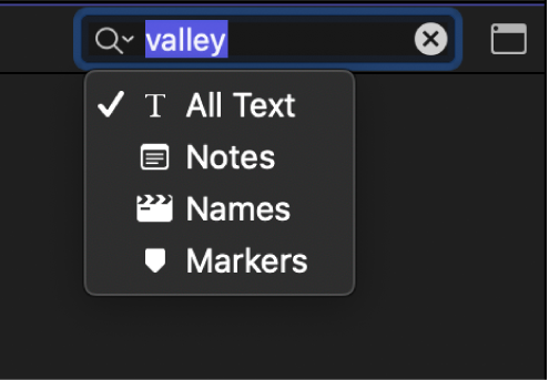The search field pop-up menu showing text search categories: Notes, Names, and Markers
