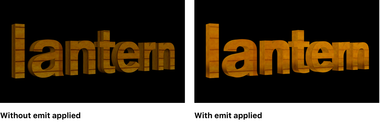 A 3D title in the viewer shown with and without an emit layer