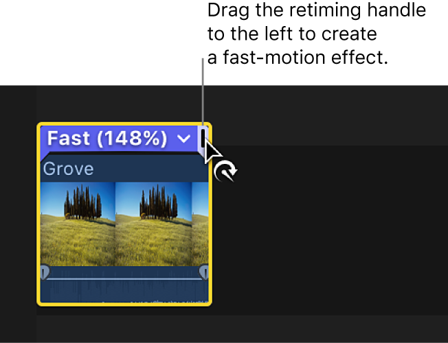 The retime editor above a clip in the timeline, with the retiming handle being dragged left to create fast motion and the bar above the selection appearing blue