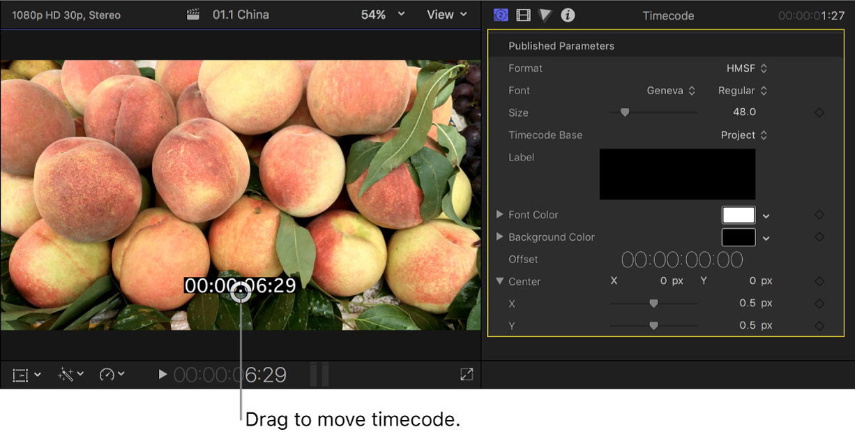 The viewer on the left showing a video image with superimposed timecode, and the Generator inspector on the right showing the settings for the Timecode generator clip