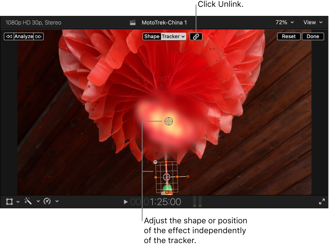 The viewer showing the shape mask for the blur effect unlinked from the tracker and positioned above it