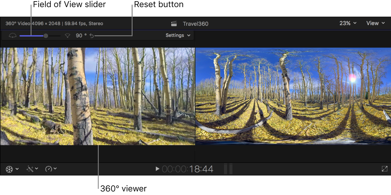 The Field of View slider, the Reset button, and the Settings pop-up menu above the 360° viewer
