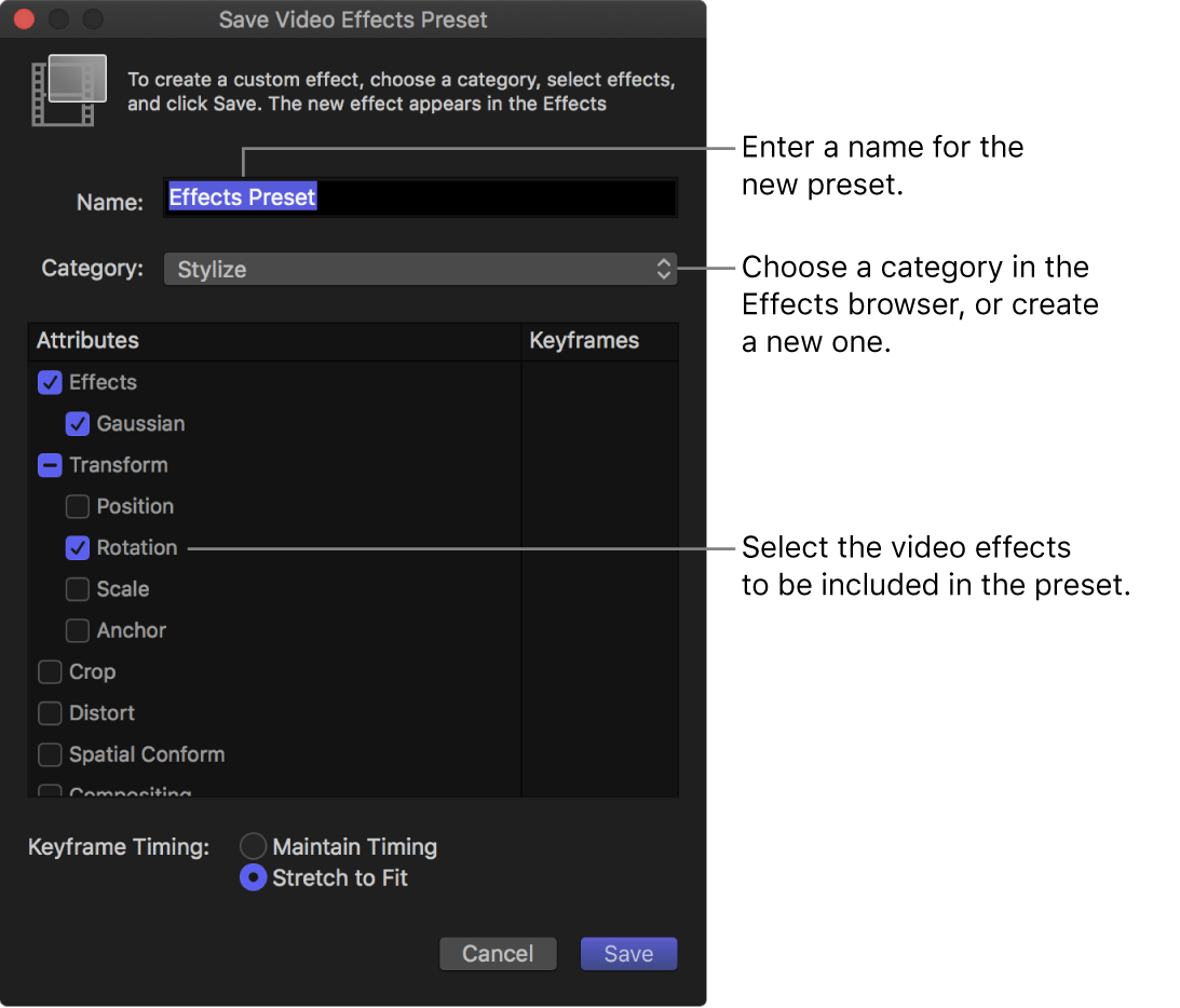 The Save Video Effects Preset window