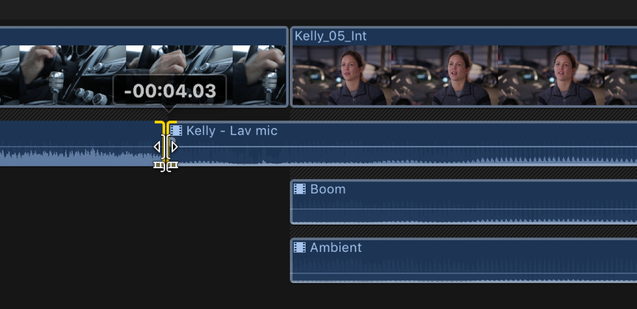 Timeline showing edit point between the adjacent audio components being dragged to the left