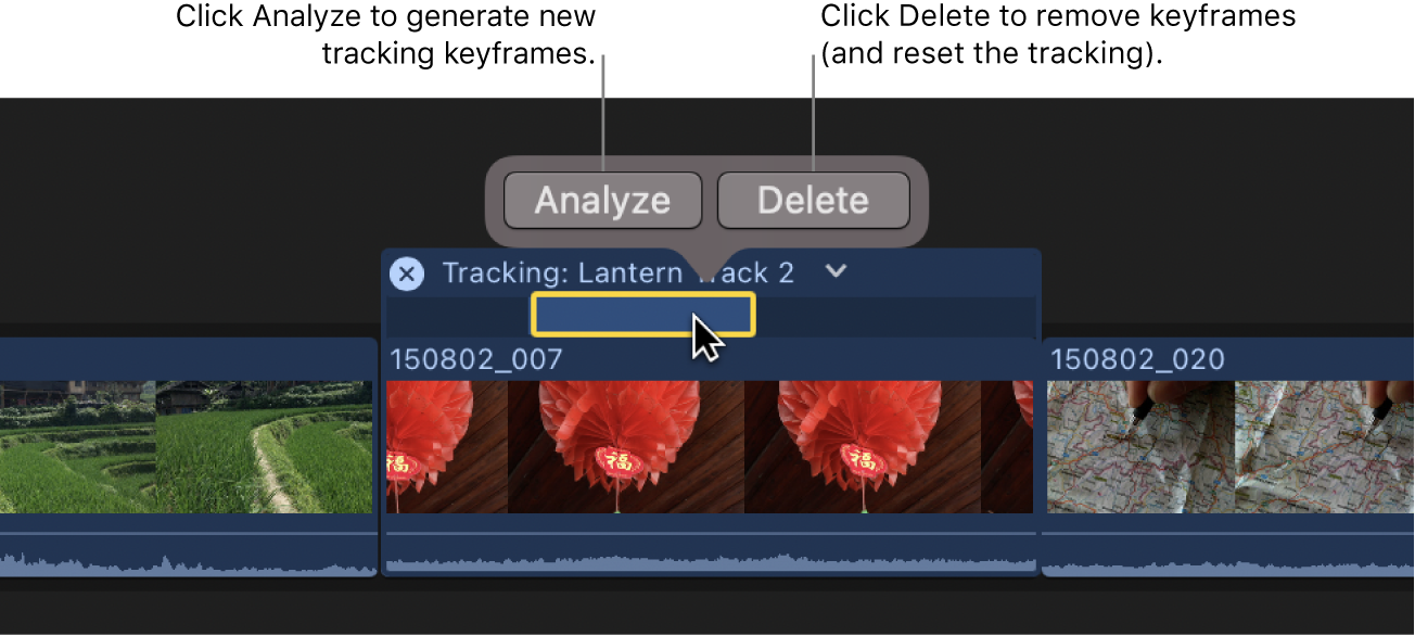 Keyframes selected in the Tracking Editor, with an Analyze button and a Delete button appearing above the selection