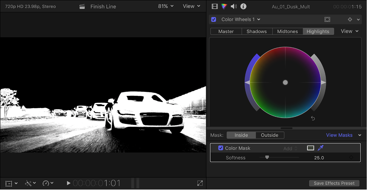 The Color inspector showing a Color Wheels effect, and the color mask alpha channel appearing in the viewer