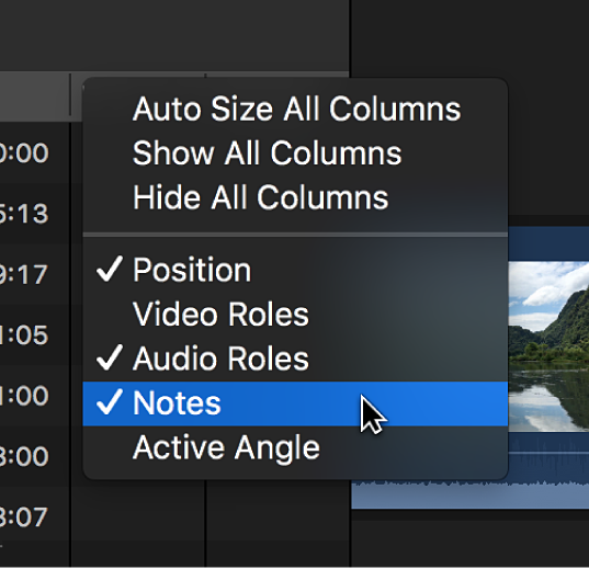 The Notes column being added to the timeline index using a shortcut menu