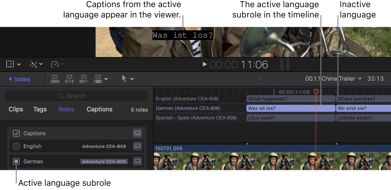 A German caption appearing in the viewer, the German language subrole selected in the timeline index, and German caption clips appearing highlighted in the timeline