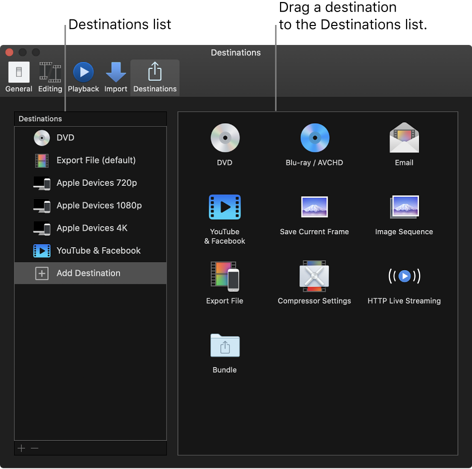 The Destinations pane of the Preferences window showing Add Destination selected in the list on the left