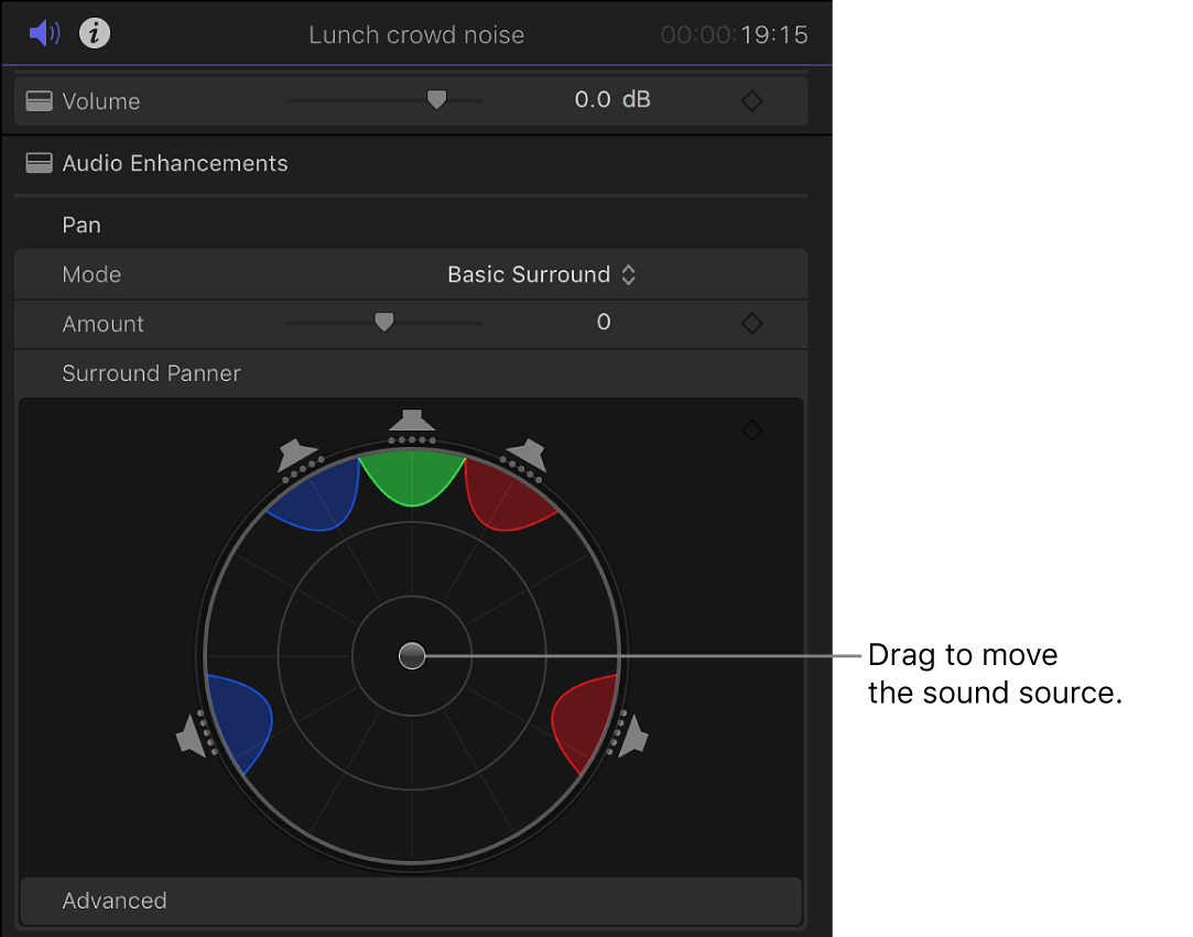 The Surround Panner controls in the Volume and Pan section of the Audio inspector