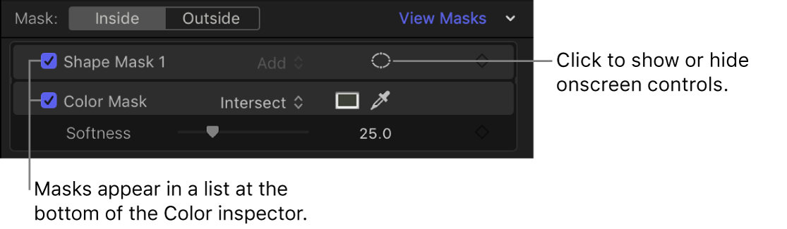 The masks list in the Color inspector showing a color correction with a shape mask and a color mask