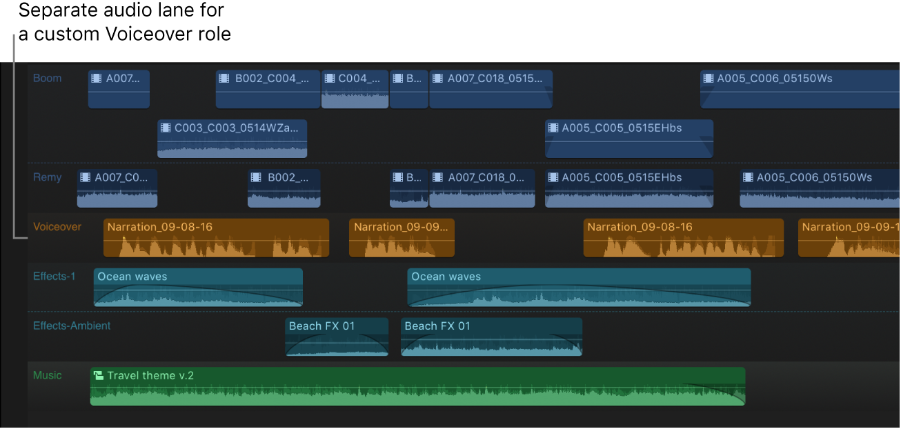 The timeline showing default roles and a custom Voiceover role