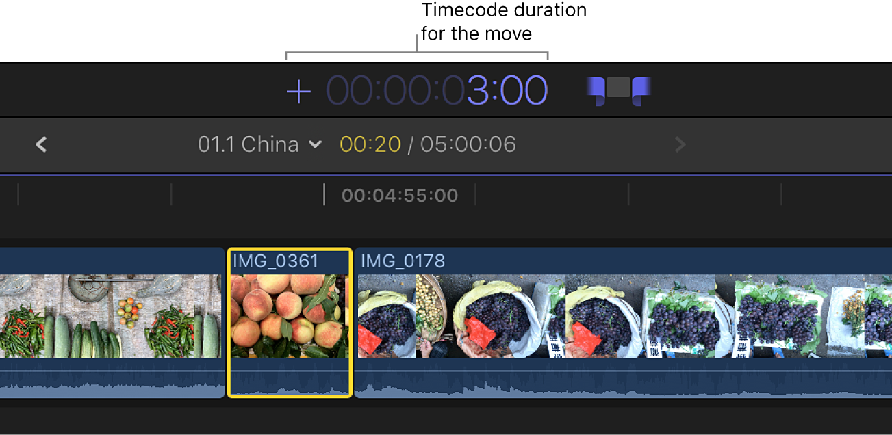 The timecode display showing an entered timecode duration