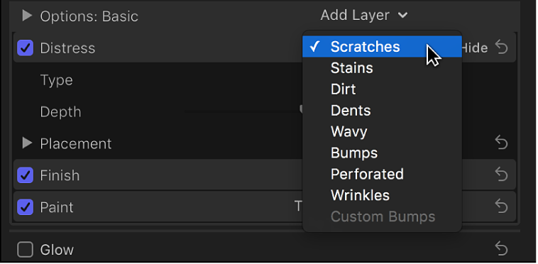 The Distress pop-up menu in the Material section of the Text inspector