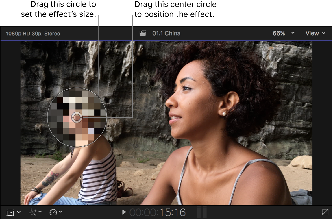 The viewer showing the Censor effect onscreen controls