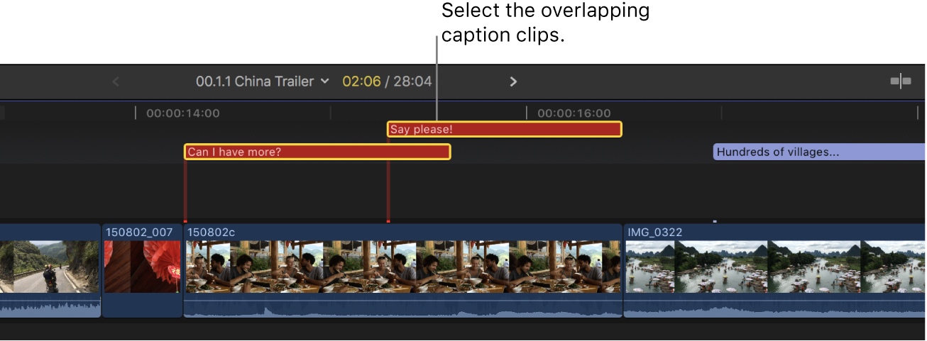 The timeline showing two red caption clips that overlap