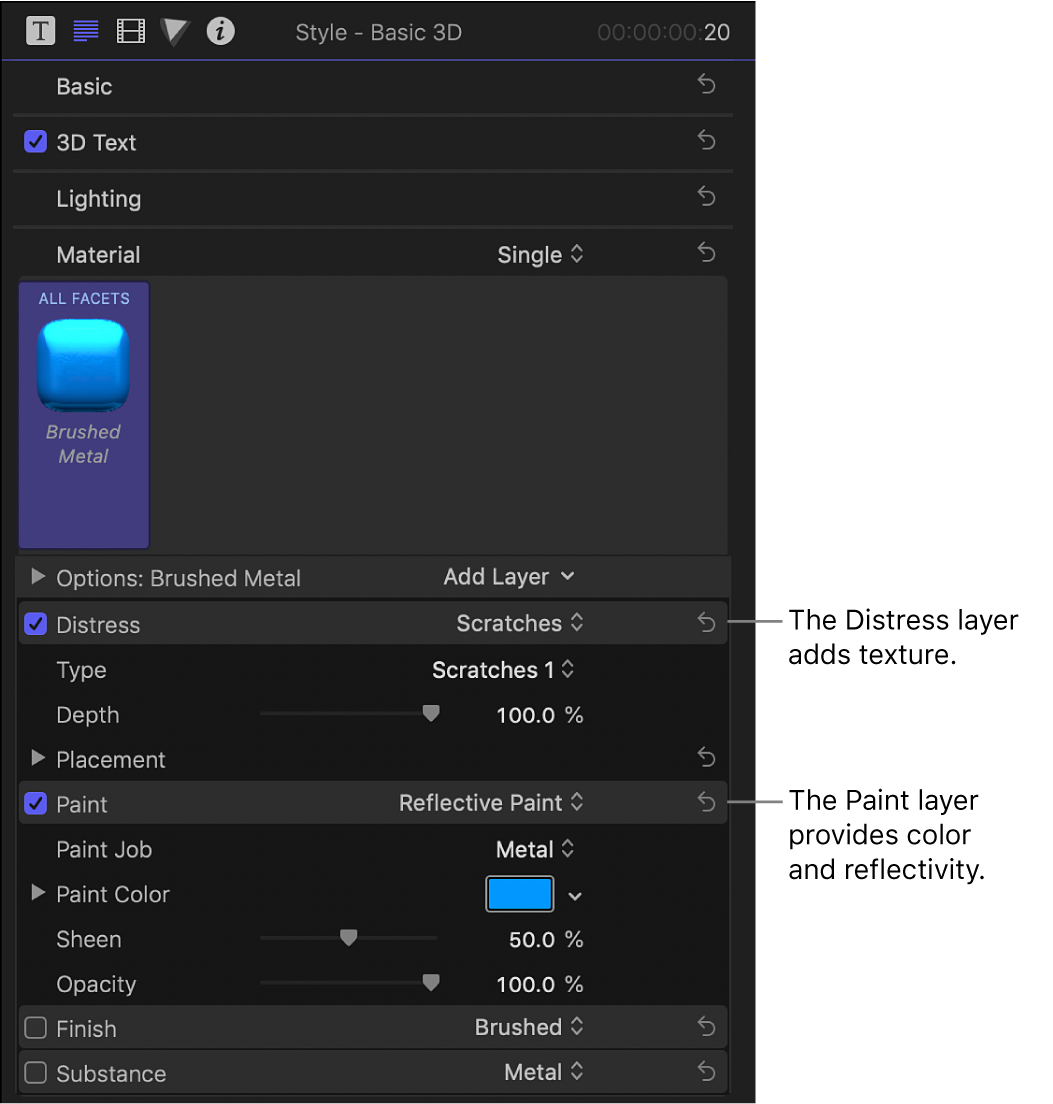 The Material section of the Text inspector, showing Distress and Paint layers