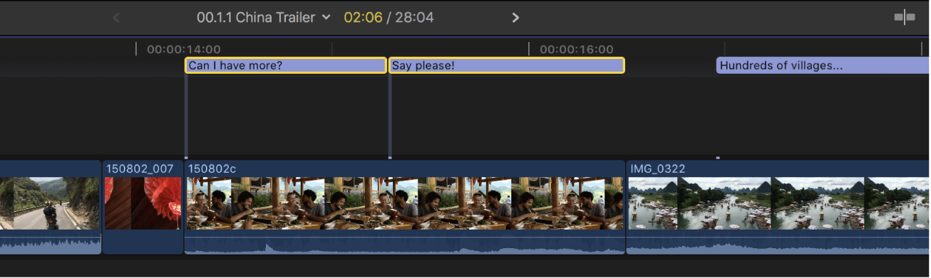 La línea de tiempo con dos clips de subtítulos juntos que no se solapan y ya no están en rojo