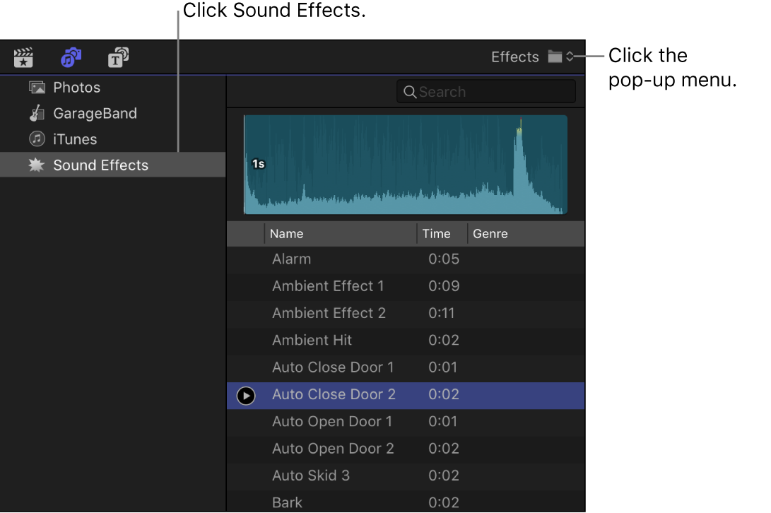 La barra lateral “Fotos y audio” con la categoría de efectos de sonido seleccionada y el explorador con una lista de clips de efectos sonoros