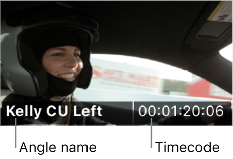 El nombre del ángulo y el código de tiempo mostrados en un ángulo