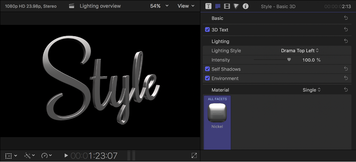 Un título 3D en el visor con los ajustes de estilo de iluminación mostrados en el inspector de texto