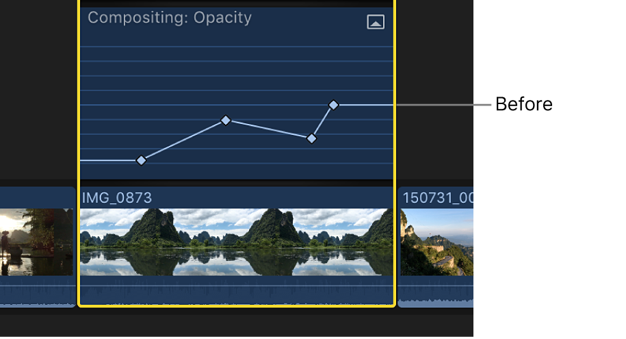 Una curva de fotogramas clave en el editor de animación de vídeo antes del ajuste